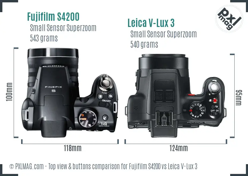 Fujifilm S4200 vs Leica V-Lux 3 top view buttons comparison Fujifilm S4200 vs Leica V-Lux 3 top view buttons comparison