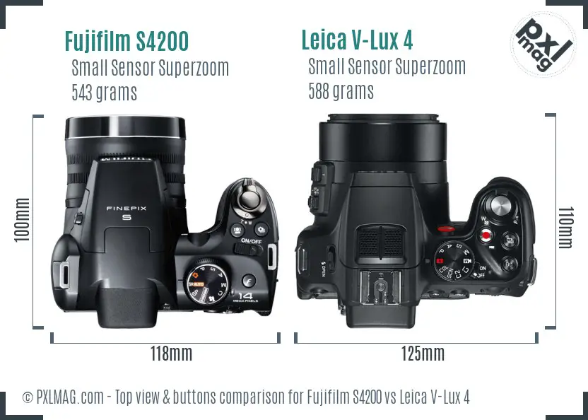 Fujifilm S4200 vs Leica V-Lux 4 top view buttons comparison