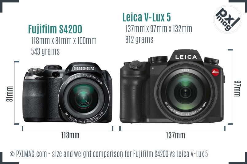 Fujifilm S4200 vs Leica V-Lux 5 size comparison