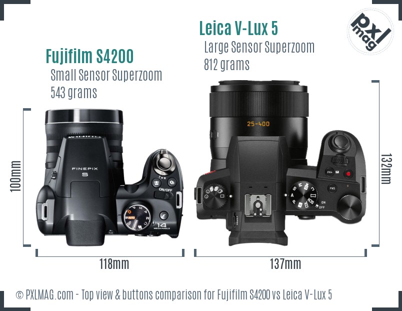 Fujifilm S4200 vs Leica V-Lux 5 top view buttons comparison