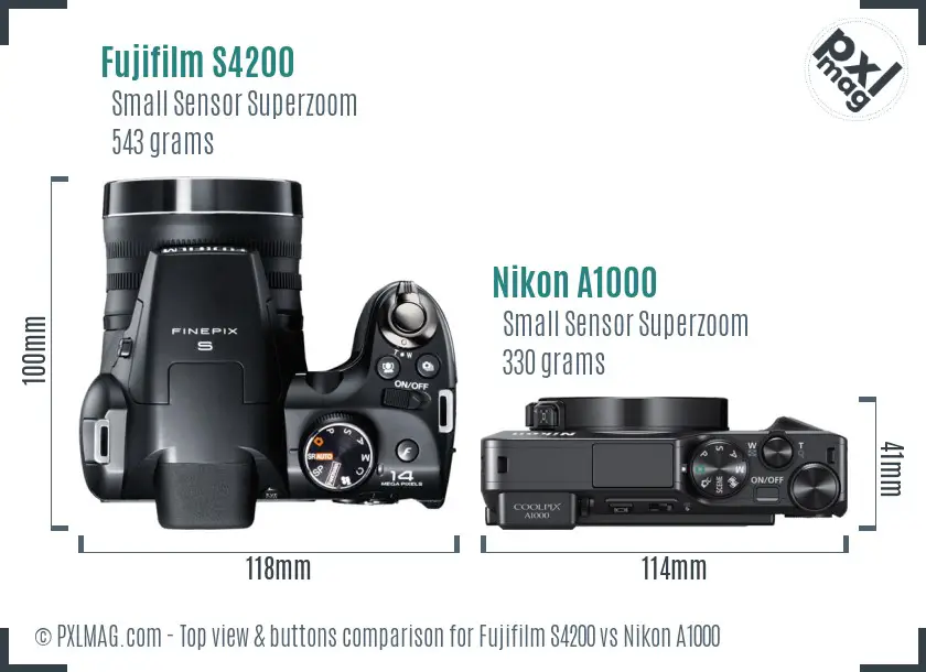 Fujifilm S4200 vs Nikon A1000 top view buttons comparison Fujifilm S4200 vs Nikon A1000 top view buttons comparison