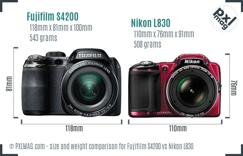 Fujifilm S4200 vs Nikon L830 size comparison