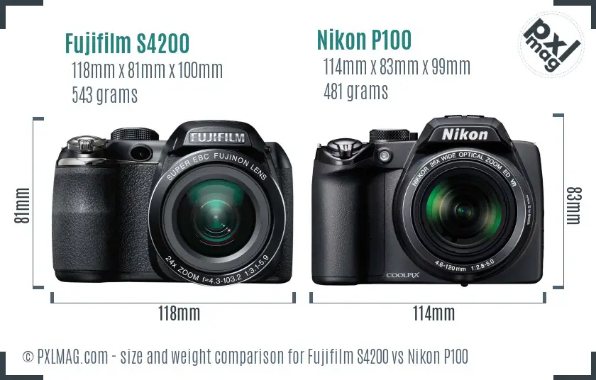 Fujifilm S4200 vs Nikon P100 size comparison Fujifilm S4200 vs Nikon P100 size comparison