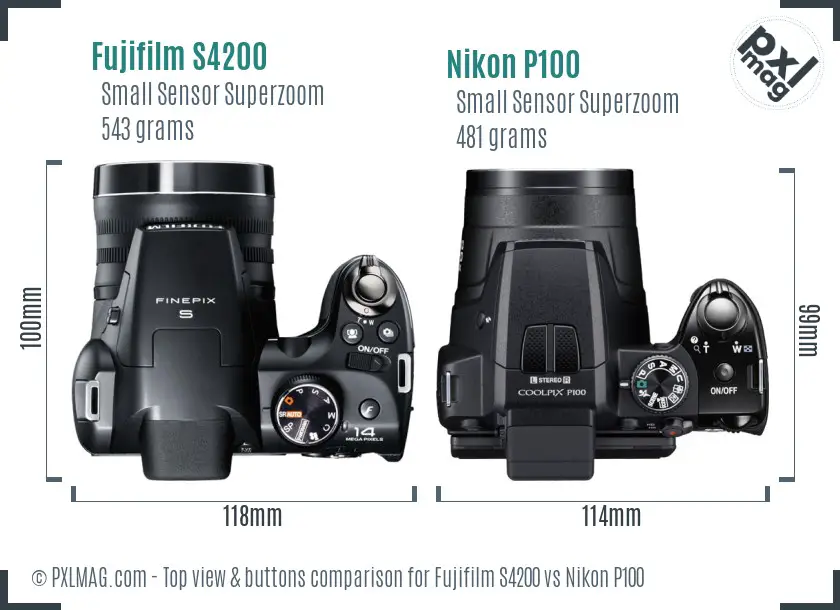 Fujifilm S4200 vs Nikon P100 top view buttons comparison Fujifilm S4200 vs Nikon P100 top view buttons comparison