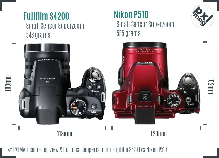 Fujifilm S4200 vs Nikon P510 top view buttons comparison Fujifilm S4200 vs Nikon P510 top view buttons comparison
