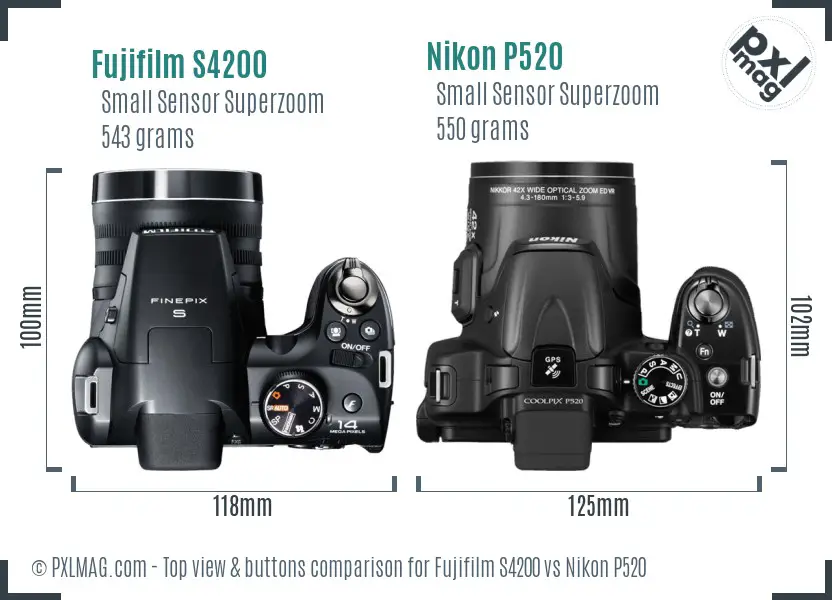 Fujifilm S4200 vs Nikon P520 top view buttons comparison