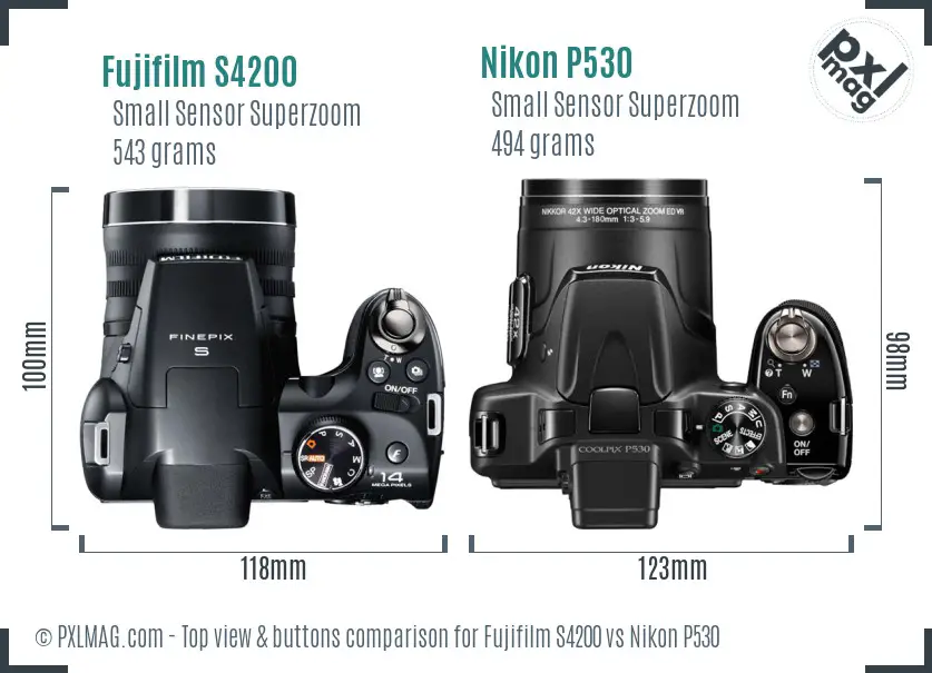 Fujifilm S4200 vs Nikon P530 top view buttons comparison Fujifilm S4200 vs Nikon P530 top view buttons comparison