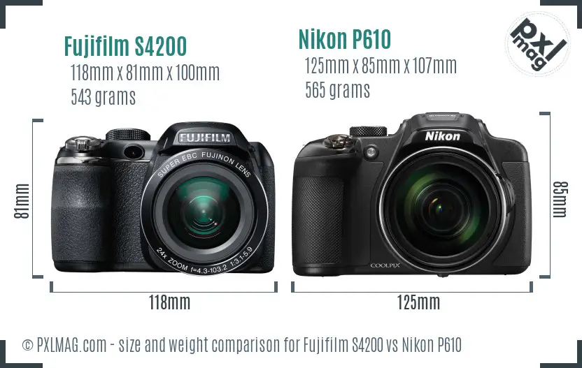 Fujifilm S4200 vs Nikon P610 size comparison