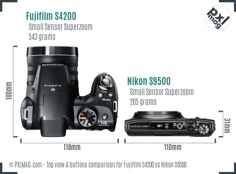 Fujifilm S4200 vs Nikon S9500 top view buttons comparison Fujifilm S4200 vs Nikon S9500 top view buttons comparison