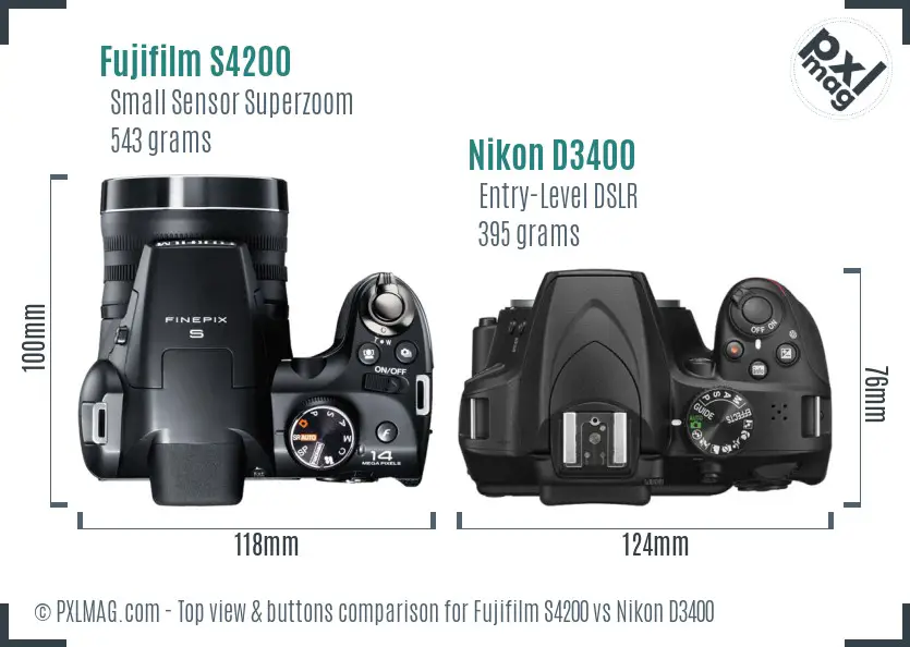 Fujifilm S4200 vs Nikon D3400 top view buttons comparison