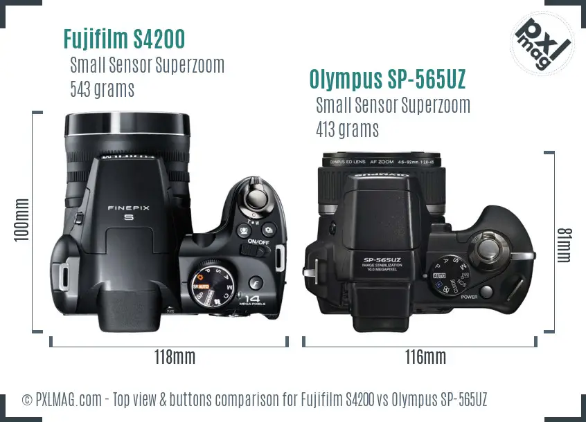 Fujifilm S4200 vs Olympus SP-565UZ top view buttons comparison Fujifilm S4200 vs Olympus SP-565UZ top view buttons comparison