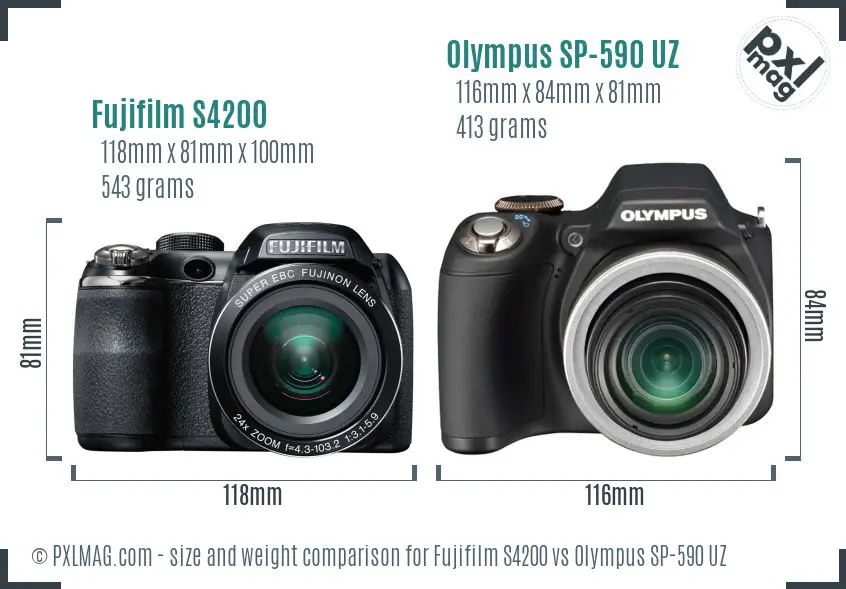 Fujifilm S4200 vs Olympus SP-590 UZ size comparison Fujifilm S4200 vs Olympus SP-590 UZ size comparison