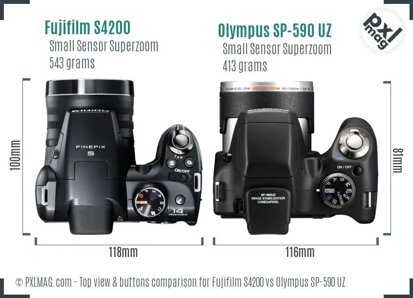 Fujifilm S4200 vs Olympus SP-590 UZ top view buttons comparison Fujifilm S4200 vs Olympus SP-590 UZ top view buttons comparison