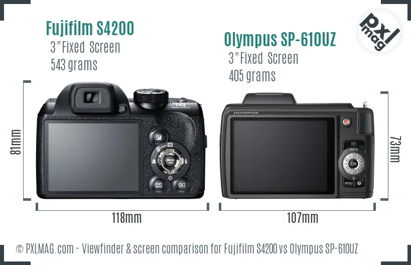 Fujifilm S4200 vs Olympus SP-610UZ Screen and Viewfinder comparison