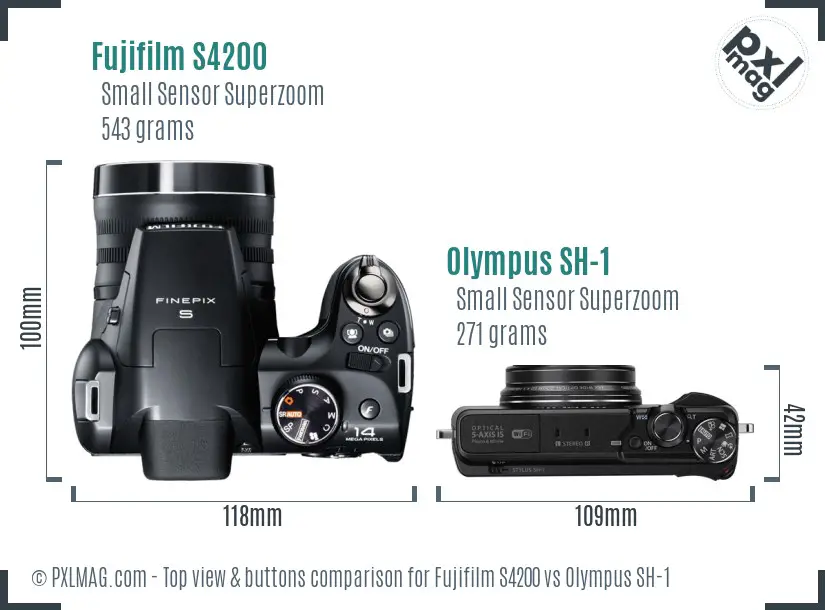 Fujifilm S4200 vs Olympus SH-1 top view buttons comparison