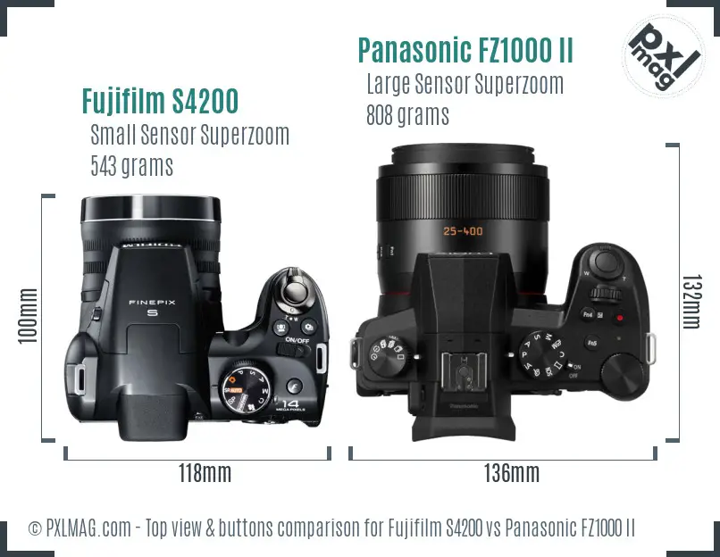 Fujifilm S4200 vs Panasonic FZ1000 II top view buttons comparison