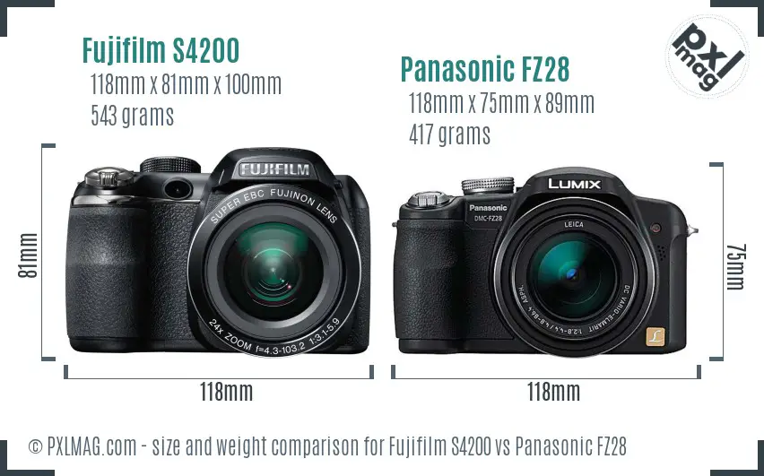 Fujifilm S4200 vs Panasonic FZ28 size comparison