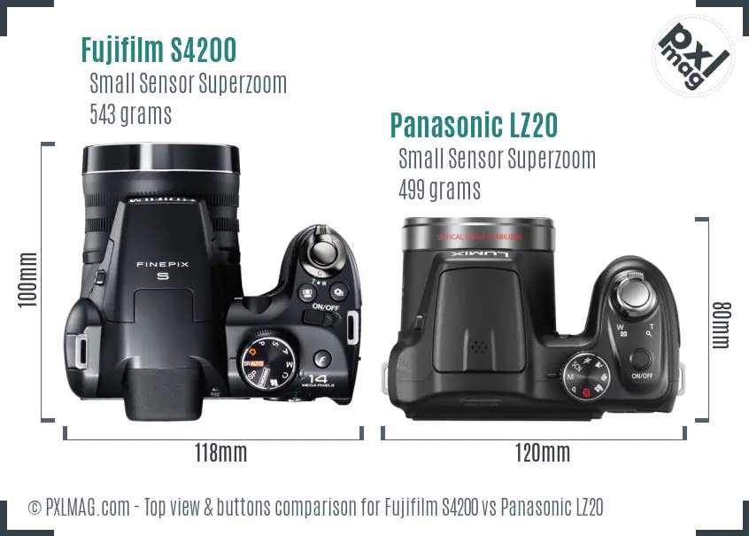 Fujifilm S4200 vs Panasonic LZ20 top view buttons comparison Fujifilm S4200 vs Panasonic LZ20 top view buttons comparison