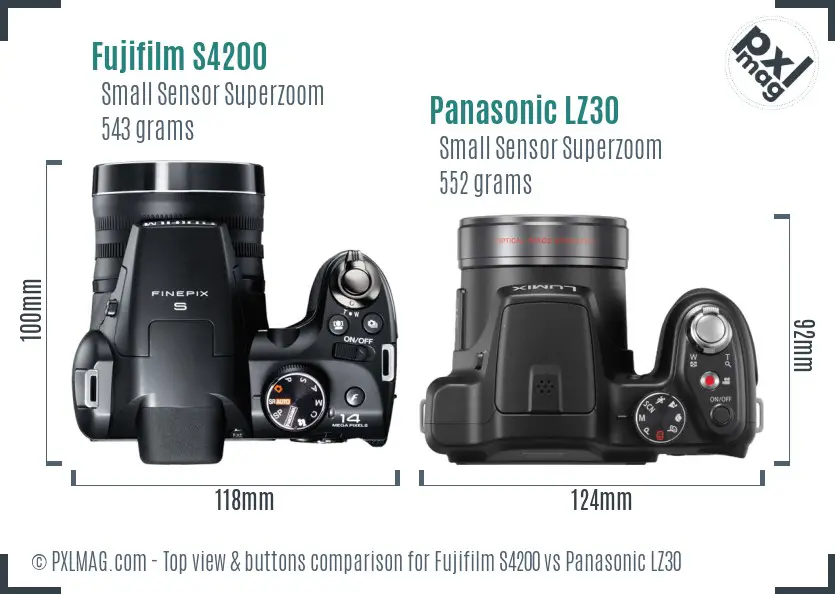 Fujifilm S4200 vs Panasonic LZ30 top view buttons comparison Fujifilm S4200 vs Panasonic LZ30 top view buttons comparison