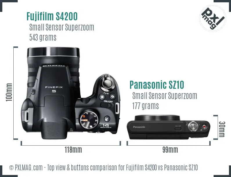 Fujifilm S4200 vs Panasonic SZ10 top view buttons comparison Fujifilm S4200 vs Panasonic SZ10 top view buttons comparison