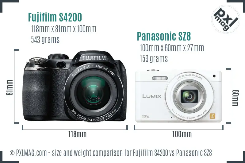 Fujifilm S4200 vs Panasonic SZ8 size comparison