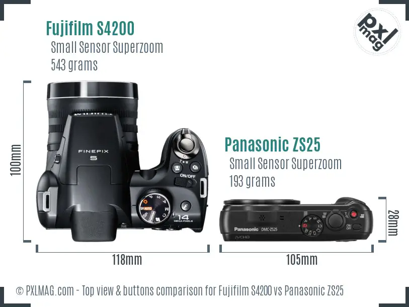 Fujifilm S4200 vs Panasonic ZS25 top view buttons comparison Fujifilm S4200 vs Panasonic ZS25 top view buttons comparison