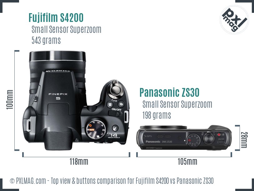 Fujifilm S4200 vs Panasonic ZS30 top view buttons comparison