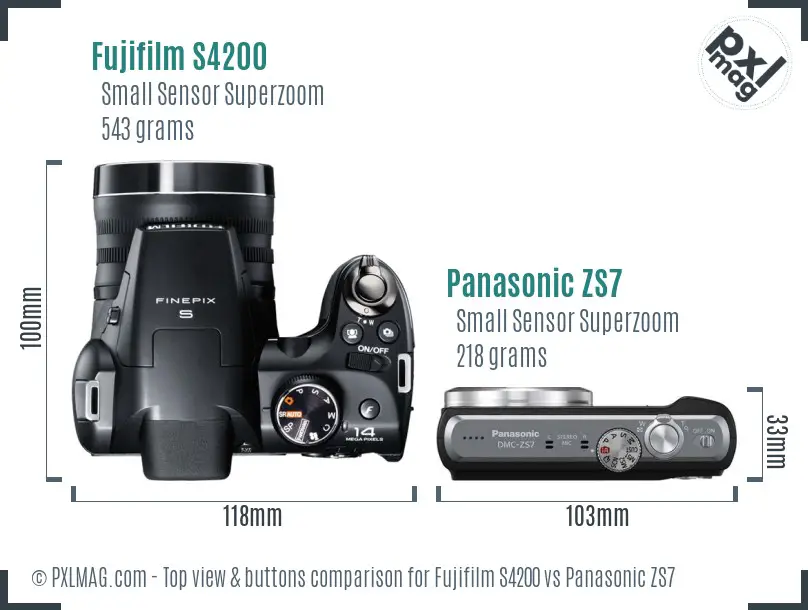 Fujifilm S4200 vs Panasonic ZS7 top view buttons comparison