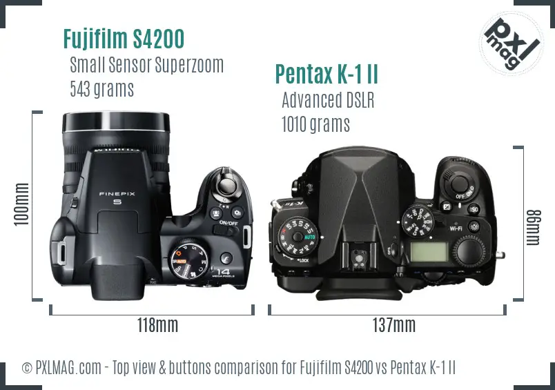 Fujifilm S4200 vs Pentax K-1 II top view buttons comparison