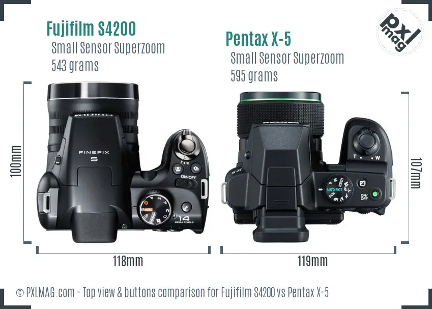 Fujifilm S4200 vs Pentax X-5 top view buttons comparison