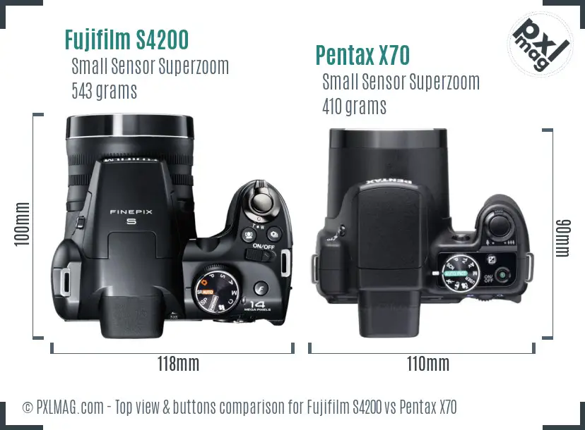 Fujifilm S4200 vs Pentax X70 top view buttons comparison