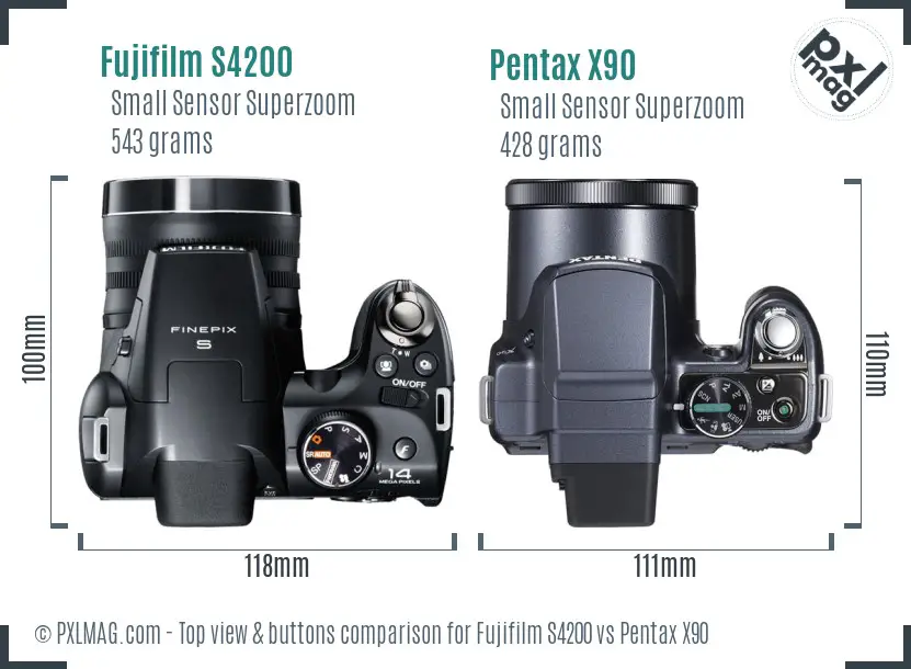 Fujifilm S4200 vs Pentax X90 top view buttons comparison