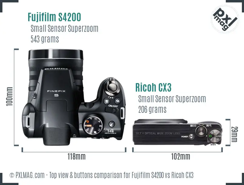 Fujifilm S4200 vs Ricoh CX3 top view buttons comparison