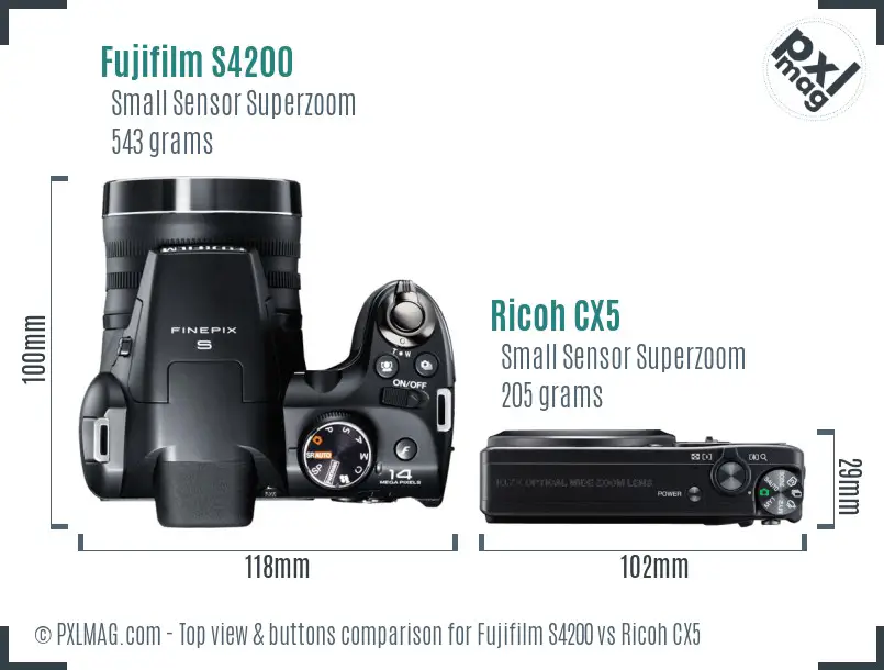 Fujifilm S4200 vs Ricoh CX5 top view buttons comparison