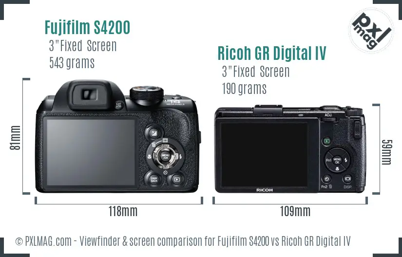 Fujifilm S4200 vs Ricoh GR Digital IV Screen and Viewfinder comparison