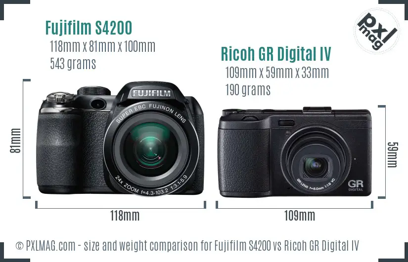 Fujifilm S4200 vs Ricoh GR Digital IV size comparison