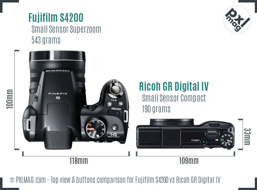 Fujifilm S4200 vs Ricoh GR Digital IV top view buttons comparison