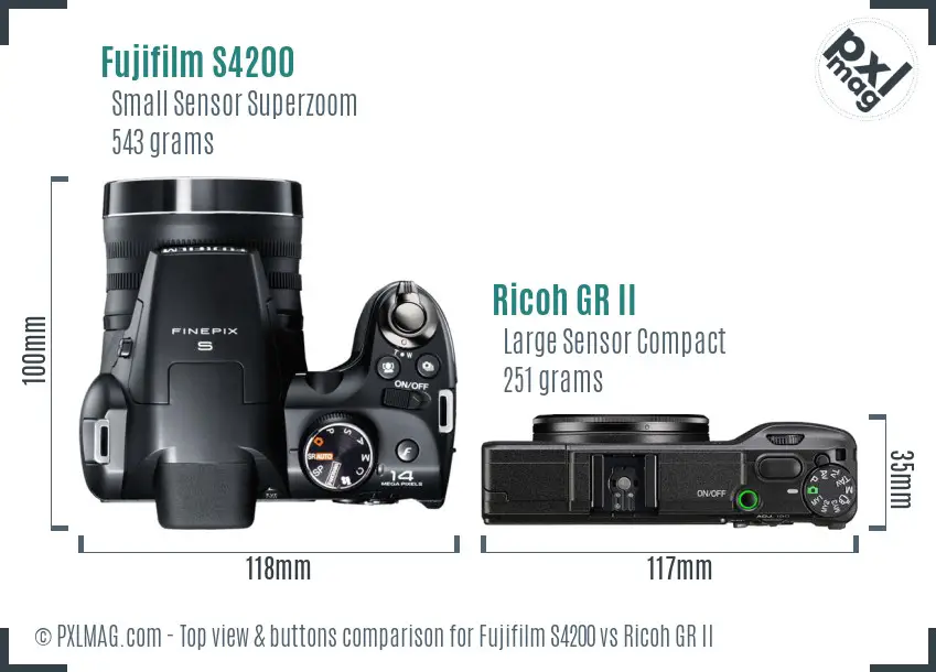 Fujifilm S4200 vs Ricoh GR II top view buttons comparison