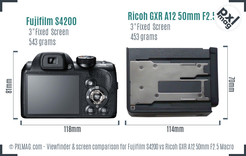 Fujifilm S4200 vs Ricoh GXR A12 50mm F2.5 Macro Screen and Viewfinder comparison
