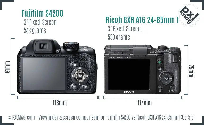 Fujifilm S4200 vs Ricoh GXR A16 24-85mm F3.5-5.5 Screen and Viewfinder comparison