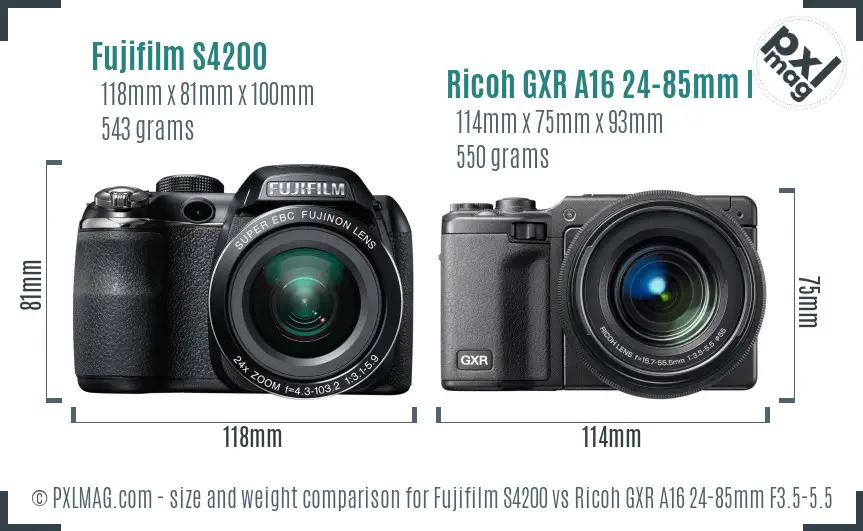 Fujifilm S4200 vs Ricoh GXR A16 24-85mm F3.5-5.5 size comparison