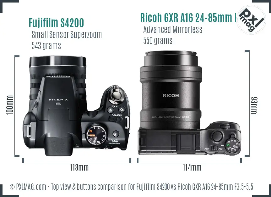 Fujifilm S4200 vs Ricoh GXR A16 24-85mm F3.5-5.5 top view buttons comparison