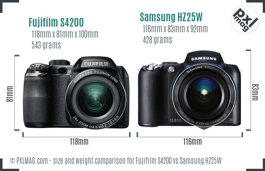 Fujifilm S4200 vs Samsung HZ25W size comparison