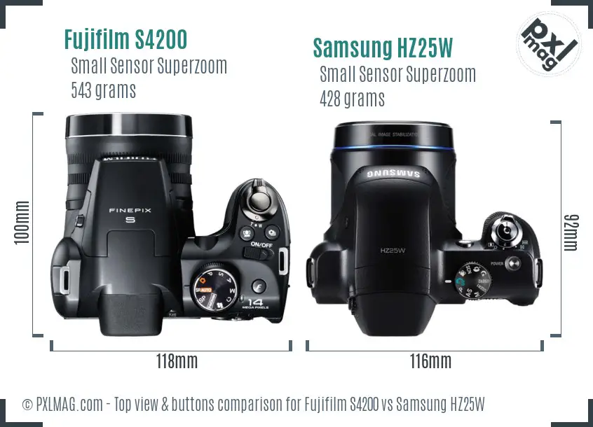 Fujifilm S4200 vs Samsung HZ25W top view buttons comparison