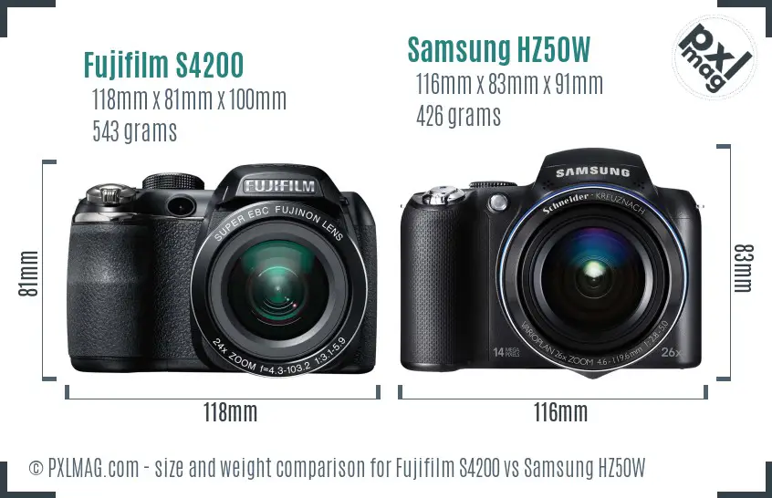 Fujifilm S4200 vs Samsung HZ50W size comparison