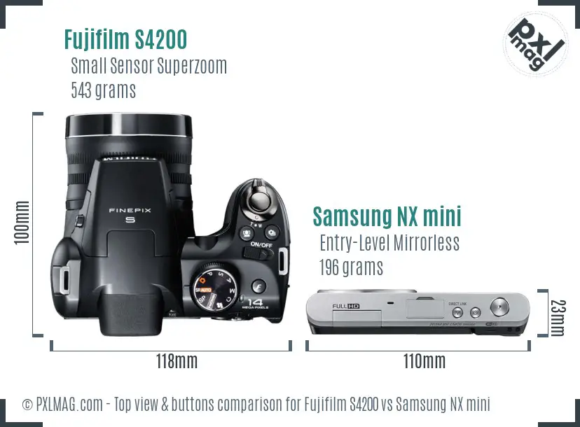 Fujifilm S4200 vs Samsung NX mini top view buttons comparison Fujifilm S4200 vs Samsung NX mini top view buttons comparison