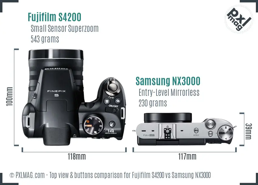 Fujifilm S4200 vs Samsung NX3000 top view buttons comparison