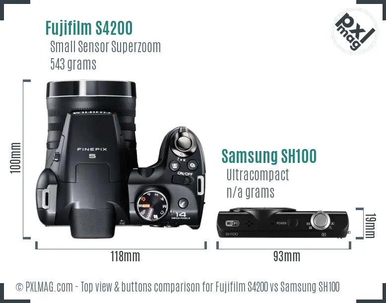 Fujifilm S4200 vs Samsung SH100 top view buttons comparison