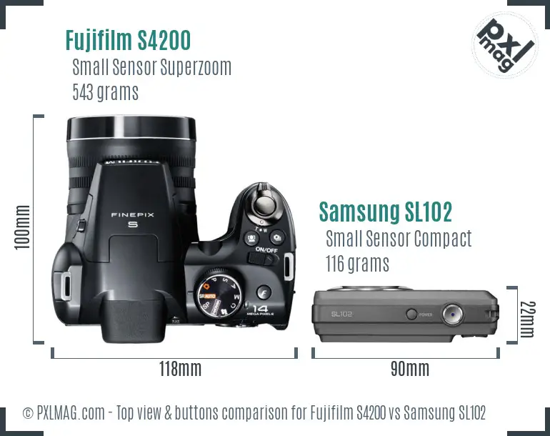 Fujifilm S4200 vs Samsung SL102 top view buttons comparison