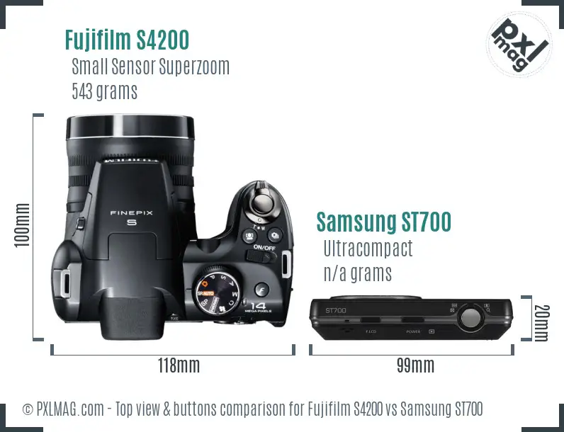 Fujifilm S4200 vs Samsung ST700 top view buttons comparison Fujifilm S4200 vs Samsung ST700 top view buttons comparison